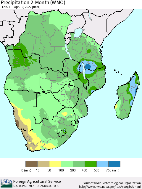 Southern Africa Precipitation 2-Month (WMO) Thematic Map For 2/11/2022 - 4/10/2022