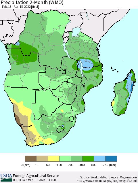 Southern Africa Precipitation 2-Month (WMO) Thematic Map For 2/16/2022 - 4/15/2022