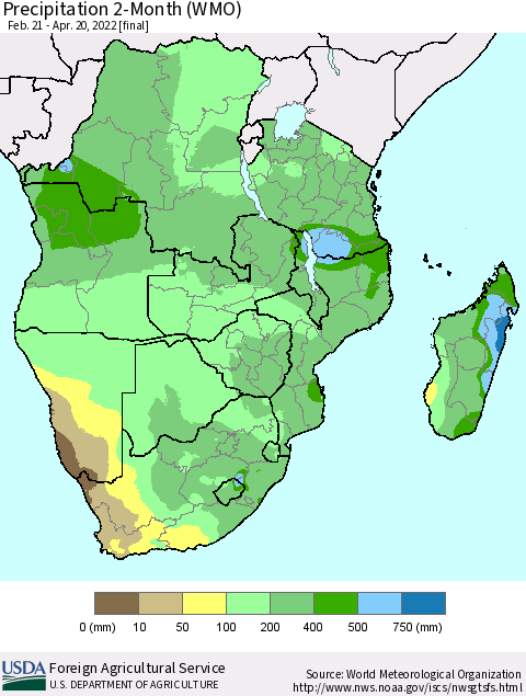 Southern Africa Precipitation 2-Month (WMO) Thematic Map For 2/21/2022 - 4/20/2022