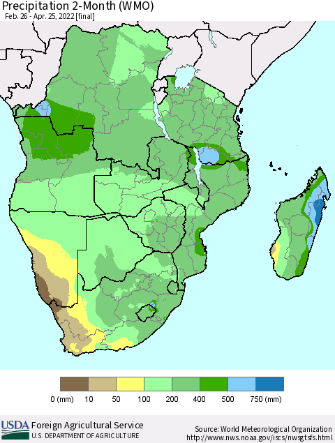 Southern Africa Precipitation 2-Month (WMO) Thematic Map For 2/26/2022 - 4/25/2022