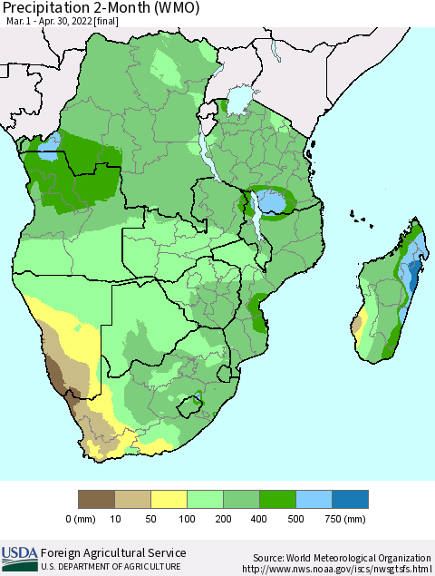 Southern Africa Precipitation 2-Month (WMO) Thematic Map For 3/1/2022 - 4/30/2022