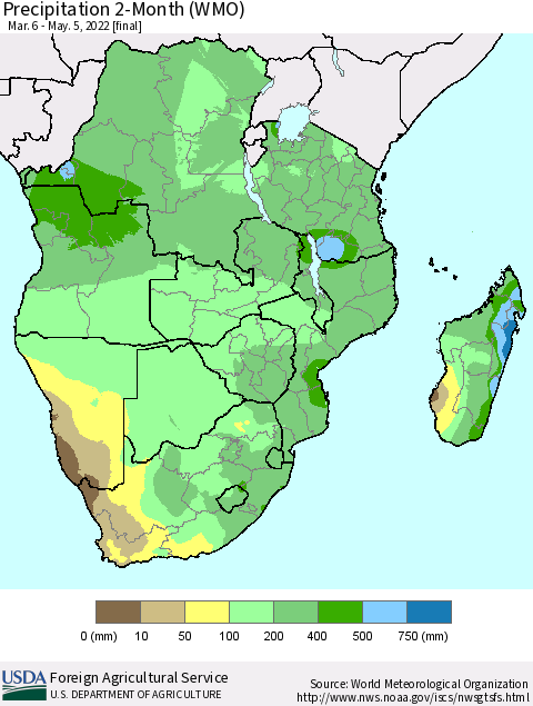 Southern Africa Precipitation 2-Month (WMO) Thematic Map For 3/6/2022 - 5/5/2022