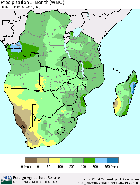 Southern Africa Precipitation 2-Month (WMO) Thematic Map For 3/11/2022 - 5/10/2022