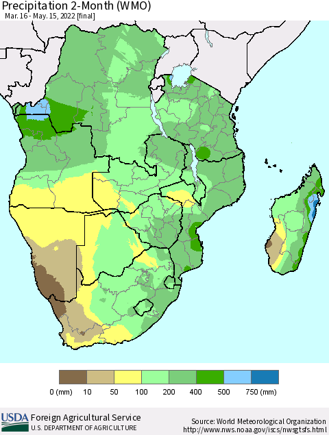 Southern Africa Precipitation 2-Month (WMO) Thematic Map For 3/16/2022 - 5/15/2022