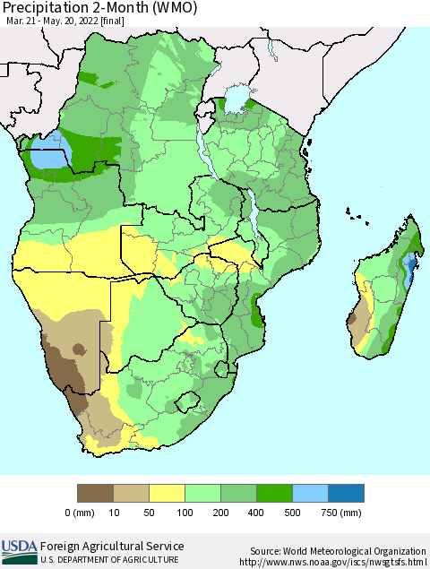 Southern Africa Precipitation 2-Month (WMO) Thematic Map For 3/21/2022 - 5/20/2022