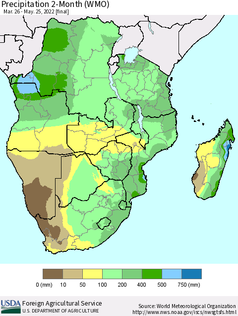 Southern Africa Precipitation 2-Month (WMO) Thematic Map For 3/26/2022 - 5/25/2022