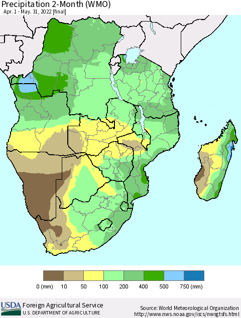 Southern Africa Precipitation 2-Month (WMO) Thematic Map For 4/1/2022 - 5/31/2022