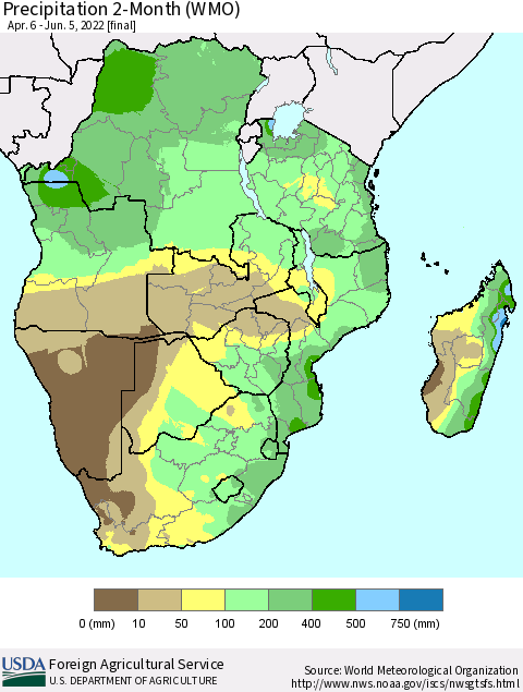 Southern Africa Precipitation 2-Month (WMO) Thematic Map For 4/6/2022 - 6/5/2022