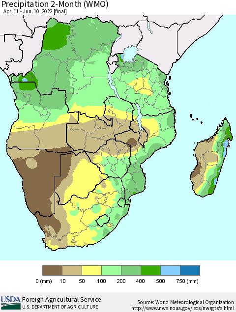 Southern Africa Precipitation 2-Month (WMO) Thematic Map For 4/11/2022 - 6/10/2022