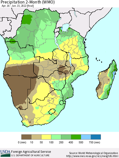 Southern Africa Precipitation 2-Month (WMO) Thematic Map For 4/16/2022 - 6/15/2022
