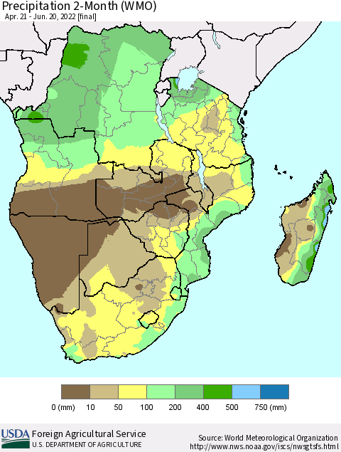 Southern Africa Precipitation 2-Month (WMO) Thematic Map For 4/21/2022 - 6/20/2022