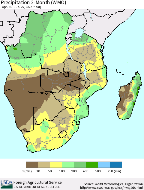 Southern Africa Precipitation 2-Month (WMO) Thematic Map For 4/26/2022 - 6/25/2022