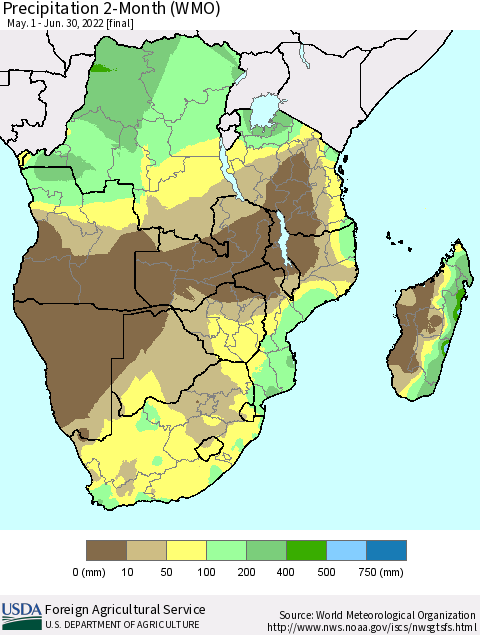 Southern Africa Precipitation 2-Month (WMO) Thematic Map For 5/1/2022 - 6/30/2022