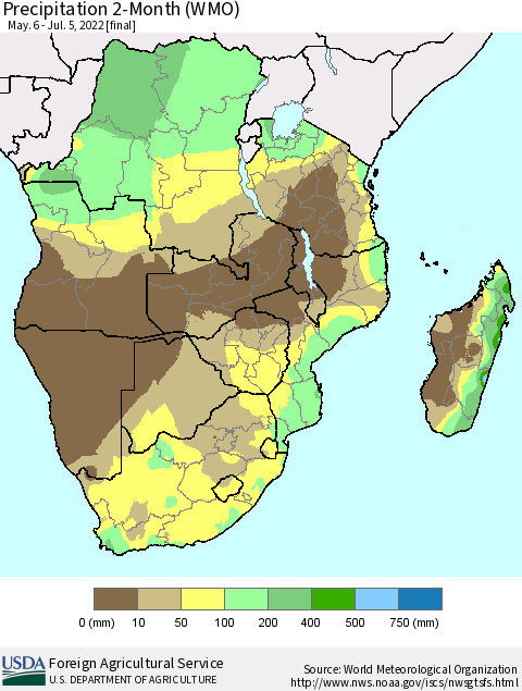 Southern Africa Precipitation 2-Month (WMO) Thematic Map For 5/6/2022 - 7/5/2022
