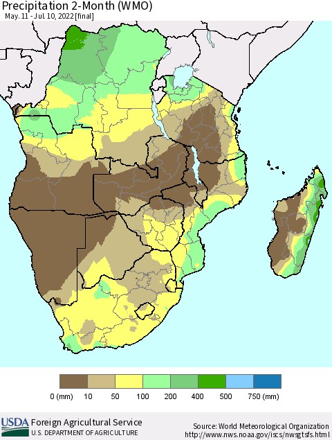 Southern Africa Precipitation 2-Month (WMO) Thematic Map For 5/11/2022 - 7/10/2022