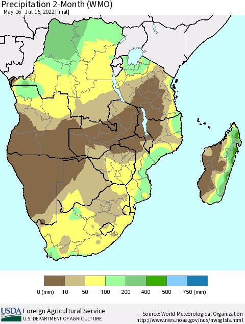 Southern Africa Precipitation 2-Month (WMO) Thematic Map For 5/16/2022 - 7/15/2022