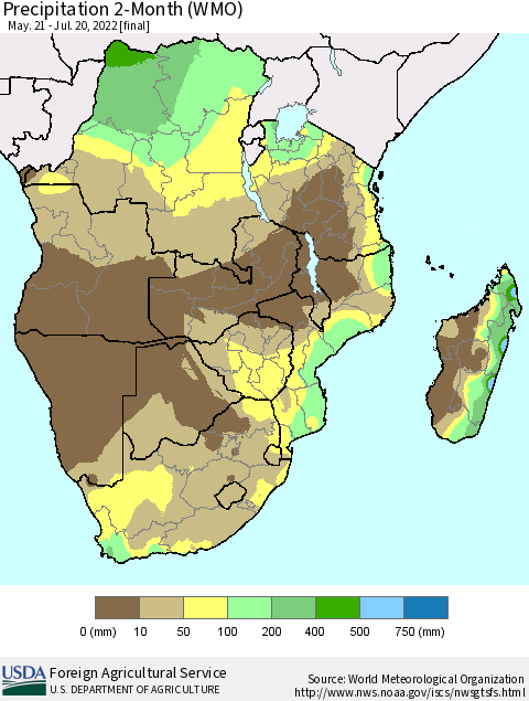 Southern Africa Precipitation 2-Month (WMO) Thematic Map For 5/21/2022 - 7/20/2022