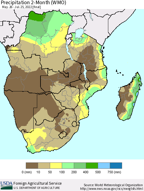 Southern Africa Precipitation 2-Month (WMO) Thematic Map For 5/26/2022 - 7/25/2022