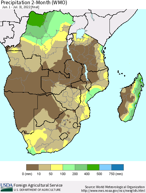 Southern Africa Precipitation 2-Month (WMO) Thematic Map For 6/1/2022 - 7/31/2022