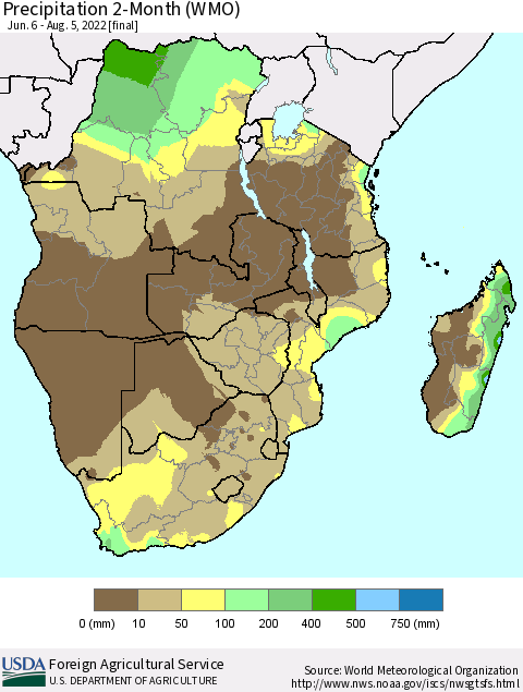 Southern Africa Precipitation 2-Month (WMO) Thematic Map For 6/6/2022 - 8/5/2022