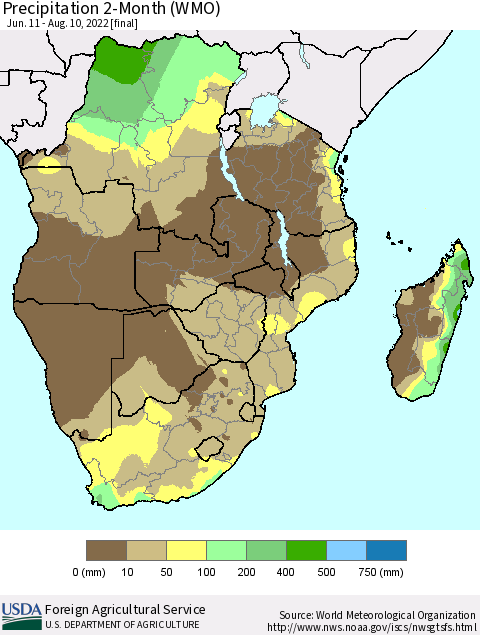 Southern Africa Precipitation 2-Month (WMO) Thematic Map For 6/11/2022 - 8/10/2022