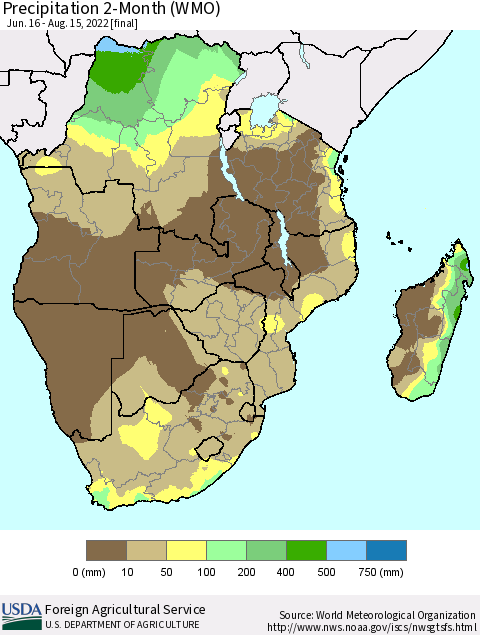 Southern Africa Precipitation 2-Month (WMO) Thematic Map For 6/16/2022 - 8/15/2022