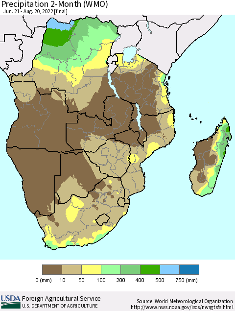 Southern Africa Precipitation 2-Month (WMO) Thematic Map For 6/21/2022 - 8/20/2022