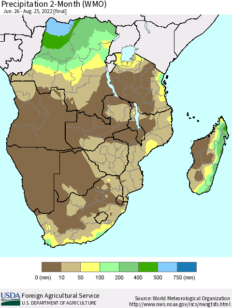 Southern Africa Precipitation 2-Month (WMO) Thematic Map For 6/26/2022 - 8/25/2022