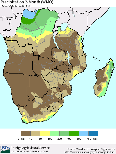 Southern Africa Precipitation 2-Month (WMO) Thematic Map For 7/1/2022 - 8/31/2022