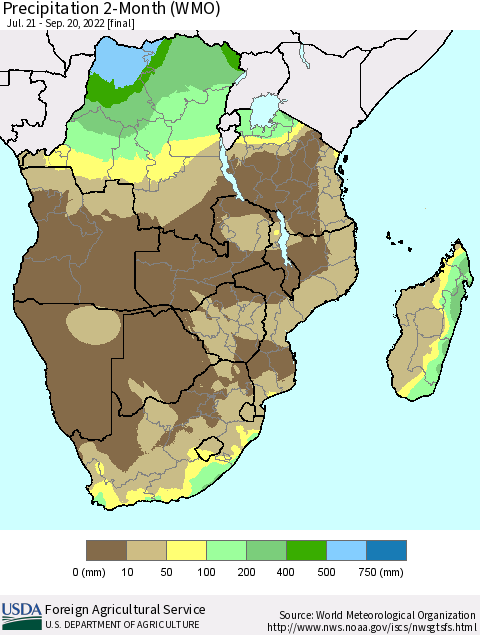 Southern Africa Precipitation 2-Month (WMO) Thematic Map For 7/21/2022 - 9/20/2022