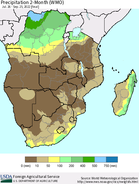 Southern Africa Precipitation 2-Month (WMO) Thematic Map For 7/26/2022 - 9/25/2022