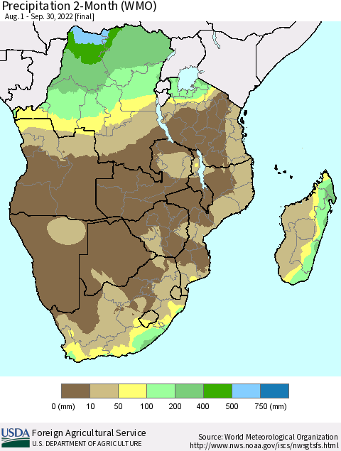 Southern Africa Precipitation 2-Month (WMO) Thematic Map For 8/1/2022 - 9/30/2022