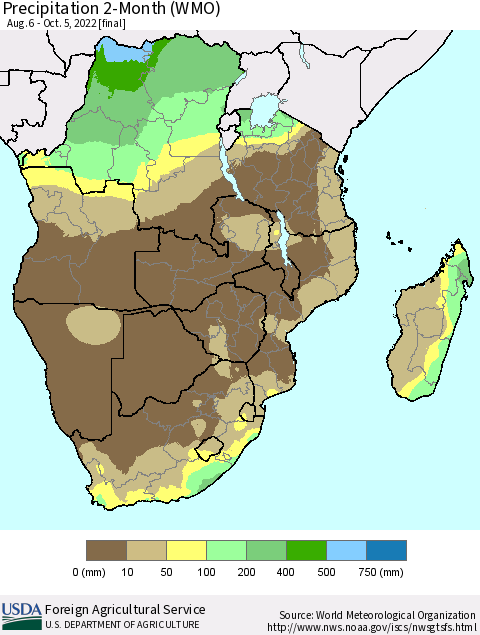 Southern Africa Precipitation 2-Month (WMO) Thematic Map For 8/6/2022 - 10/5/2022