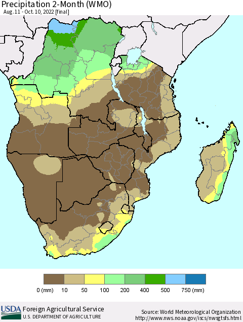 Southern Africa Precipitation 2-Month (WMO) Thematic Map For 8/11/2022 - 10/10/2022