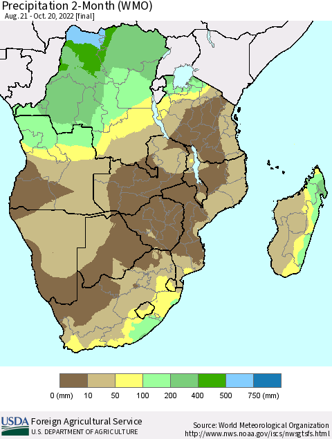 Southern Africa Precipitation 2-Month (WMO) Thematic Map For 8/21/2022 - 10/20/2022