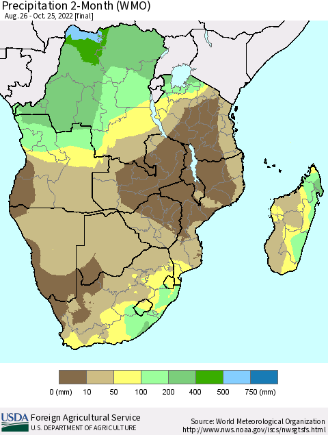 Southern Africa Precipitation 2-Month (WMO) Thematic Map For 8/26/2022 - 10/25/2022