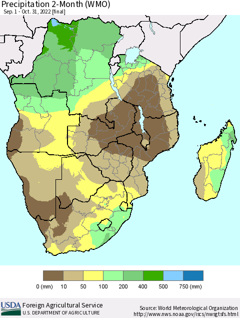 Southern Africa Precipitation 2-Month (WMO) Thematic Map For 9/1/2022 - 10/31/2022