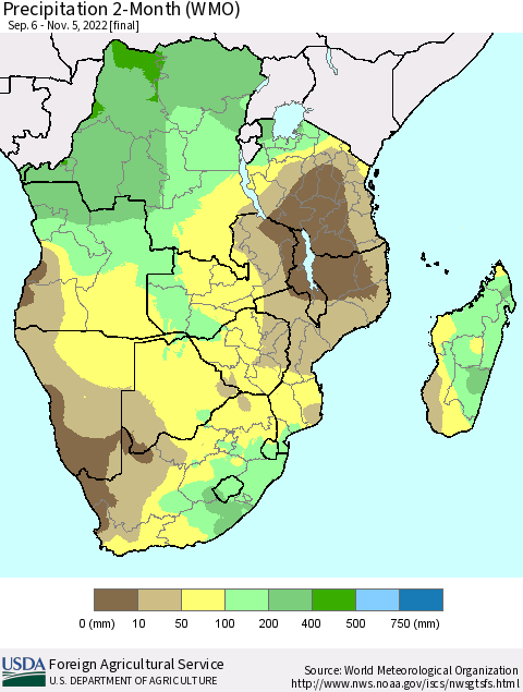 Southern Africa Precipitation 2-Month (WMO) Thematic Map For 9/6/2022 - 11/5/2022