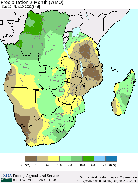 Southern Africa Precipitation 2-Month (WMO) Thematic Map For 9/11/2022 - 11/10/2022
