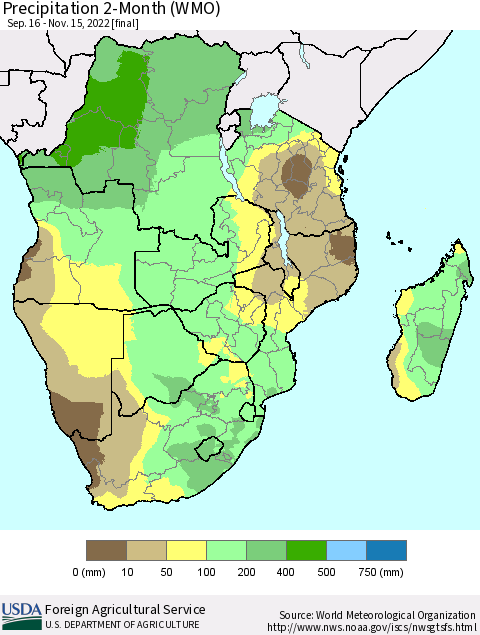 Southern Africa Precipitation 2-Month (WMO) Thematic Map For 9/16/2022 - 11/15/2022