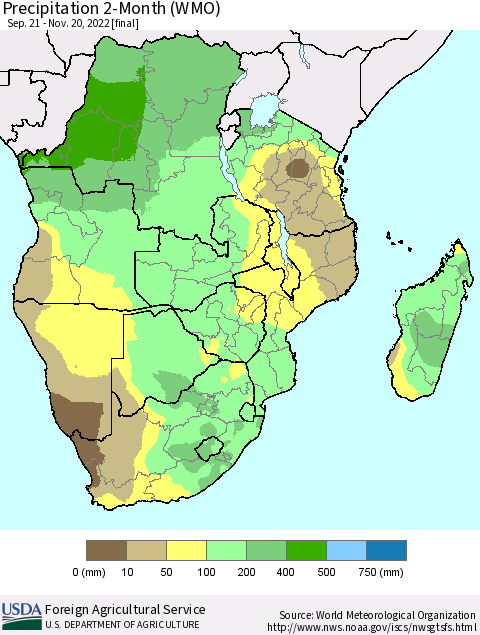 Southern Africa Precipitation 2-Month (WMO) Thematic Map For 9/21/2022 - 11/20/2022