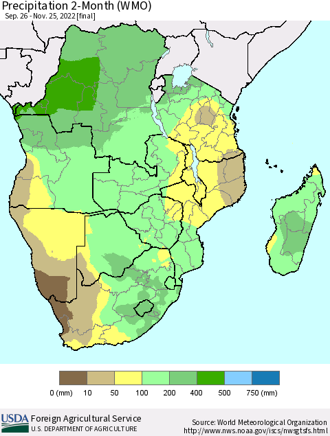 Southern Africa Precipitation 2-Month (WMO) Thematic Map For 9/26/2022 - 11/25/2022