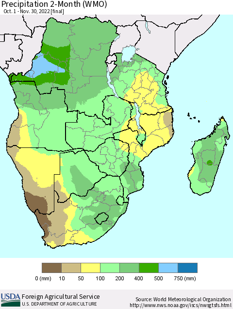 Southern Africa Precipitation 2-Month (WMO) Thematic Map For 10/1/2022 - 11/30/2022