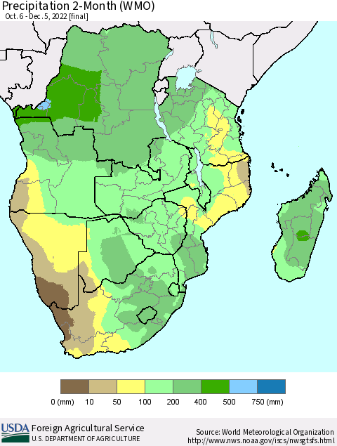 Southern Africa Precipitation 2-Month (WMO) Thematic Map For 10/6/2022 - 12/5/2022