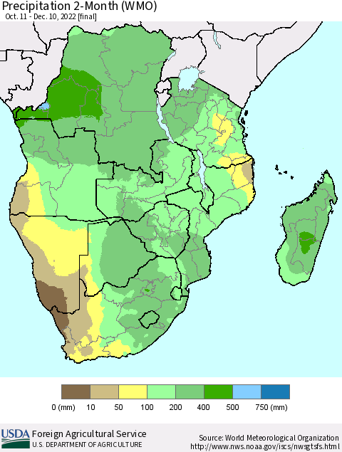 Southern Africa Precipitation 2-Month (WMO) Thematic Map For 10/11/2022 - 12/10/2022