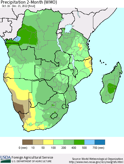 Southern Africa Precipitation 2-Month (WMO) Thematic Map For 10/16/2022 - 12/15/2022