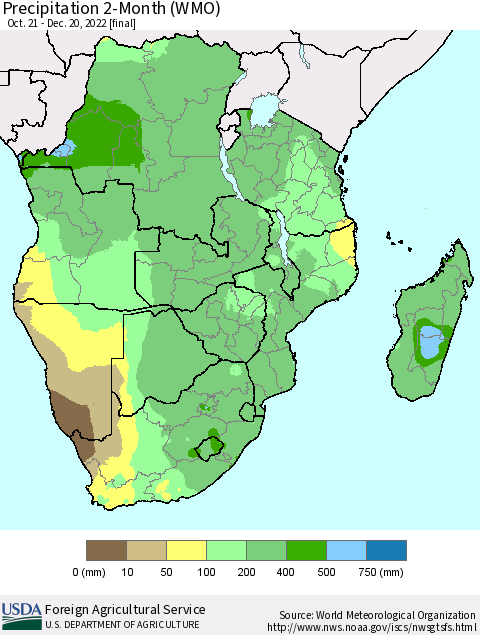 Southern Africa Precipitation 2-Month (WMO) Thematic Map For 10/21/2022 - 12/20/2022