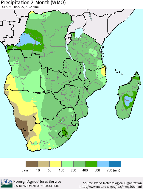 Southern Africa Precipitation 2-Month (WMO) Thematic Map For 10/26/2022 - 12/25/2022