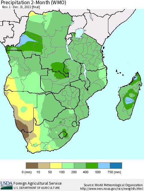 Southern Africa Precipitation 2-Month (WMO) Thematic Map For 11/1/2022 - 12/31/2022