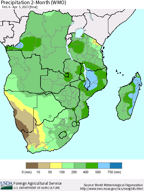Southern Africa Precipitation 2-Month (WMO) Thematic Map For 2/6/2023 - 4/5/2023
